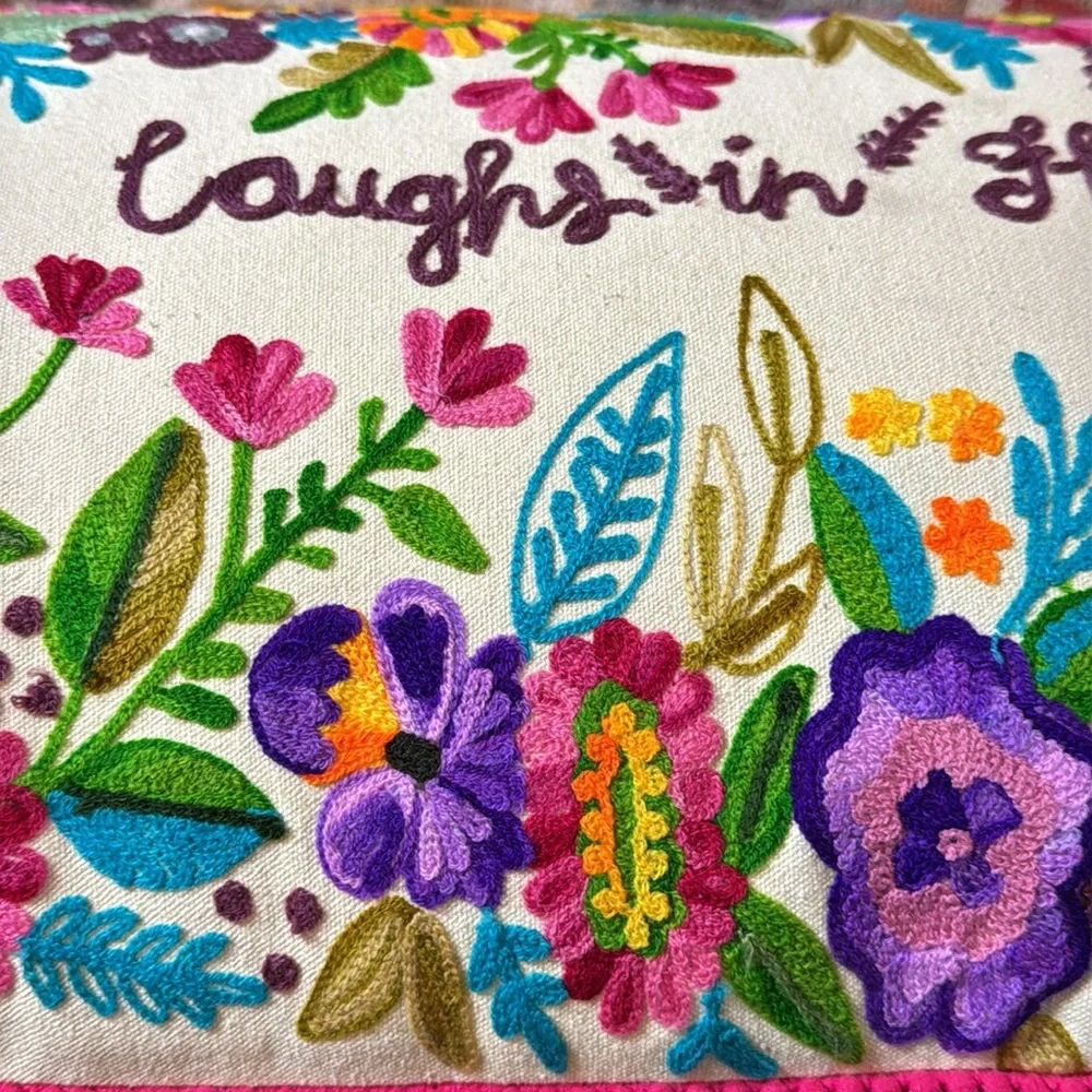 KARMA LIVING “THE EARTH LAUGHS IN FLOWERS” EMBROIDERED LUMBAR PILLOW 14x28 *NWT*